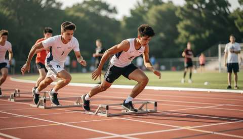 High-school hurdlers launching from starting blocks on a red outdoor track