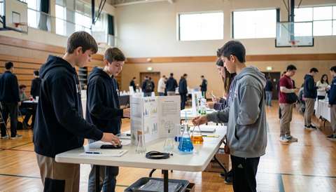 High-school students running a science-fair experiment with coloured liquids at a table in a gymnasium