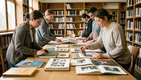 Volunteers sorting open yearbooks and photo albums on a long library table