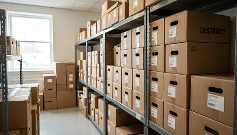 Cardboard archive boxes stacked on metal shelves in a district records storage room