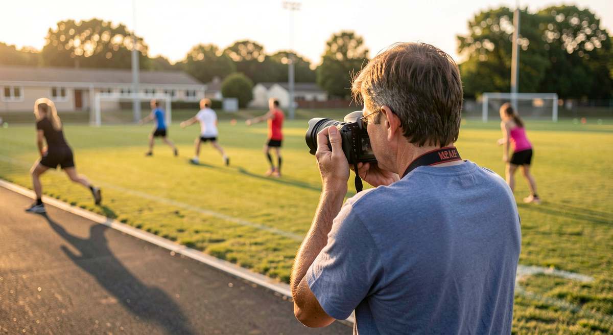 Show how a parent or volunteer covers a school sports season, from access and consent to light, positions and file delivery.